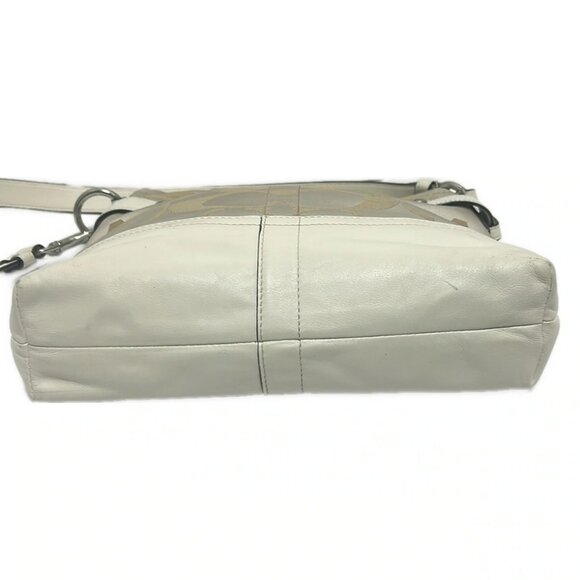 Auth COACH Satin Chain Duffel F18862 Cream Beige Jacquard Leather - Shoulder Bag - Picture 5 of 8